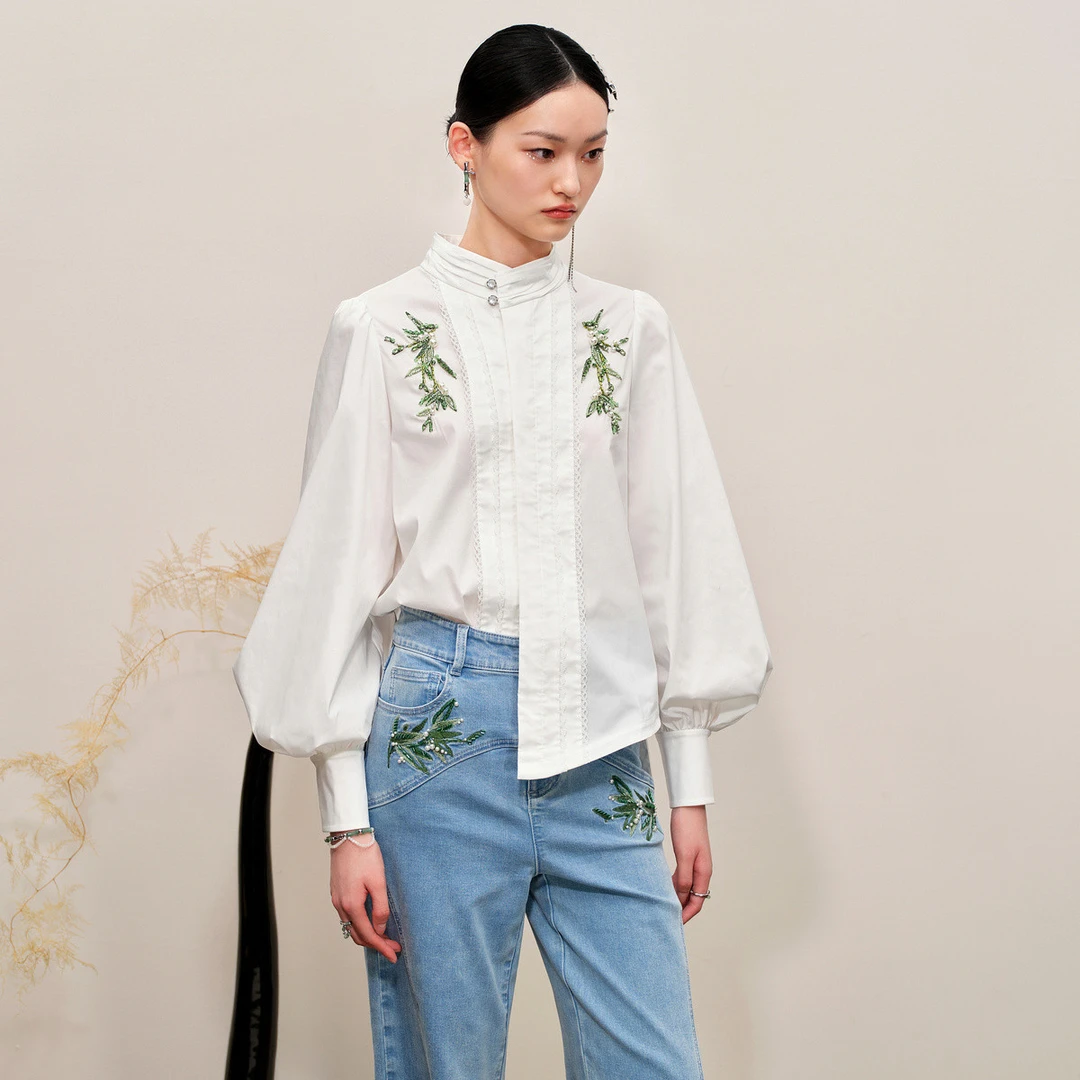 MAXRIENY竹叶刺绣精致复古感极简宫廷国风衬衫女秋