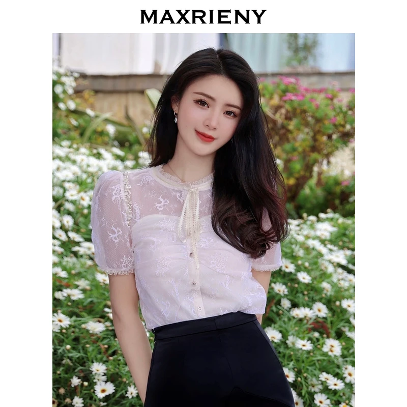 MAXRIENY花边系带雪纺衫2022夏高级感蕾丝上衣显瘦