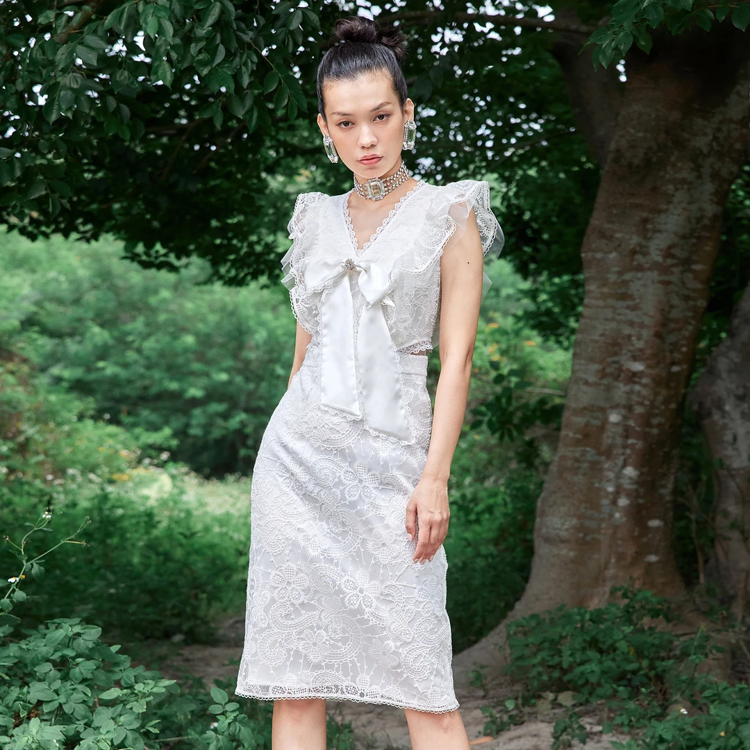MAXRIENY高腰无袖一步裙夏收腰气质修身白色连衣裙V领蕾丝裙