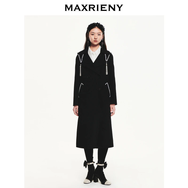 MAXRIENY复古H型尖领毛呢大衣外套女2022冬装新款通勤羊毛风衣女