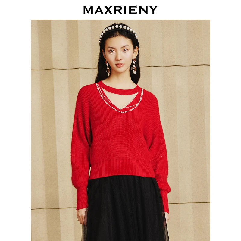 MAXRIENY时尚圆领珍珠链条红色2023秋冬毛针织衫打底套头毛衣女士