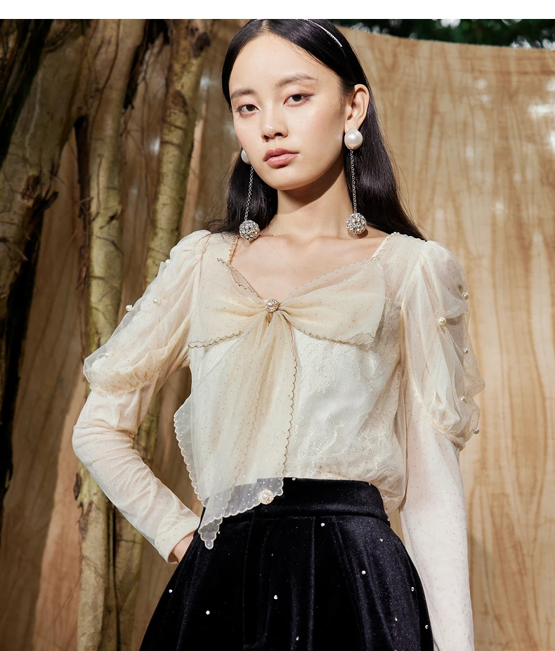 MAXRIENY蝴蝶结蕾丝上衣女2023新款打底衫女时髦时尚洋气衬衣