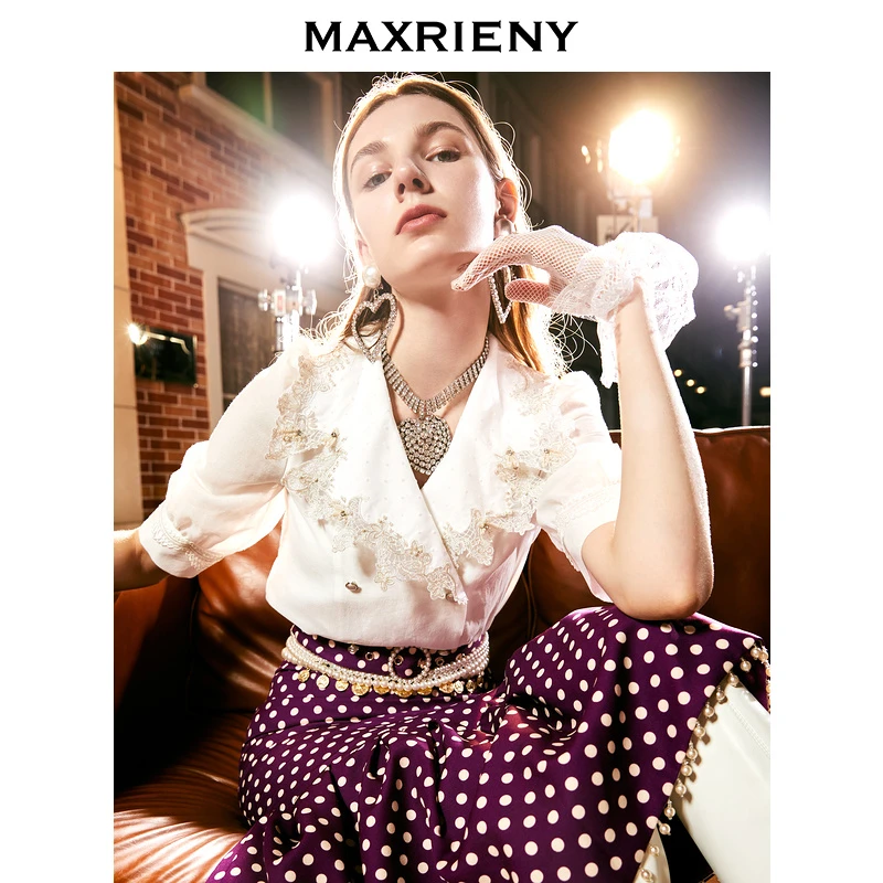 MAXRIENY翻领小香风蕾丝白衬衫秋季女士雪纺衫减龄上衣小众设计感