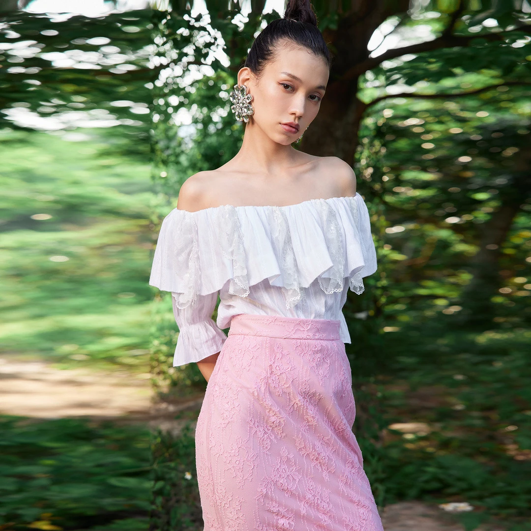 【商场同款】MAXRIENY一字领露肩雪纺上衣夏气质半袖蕾丝衫