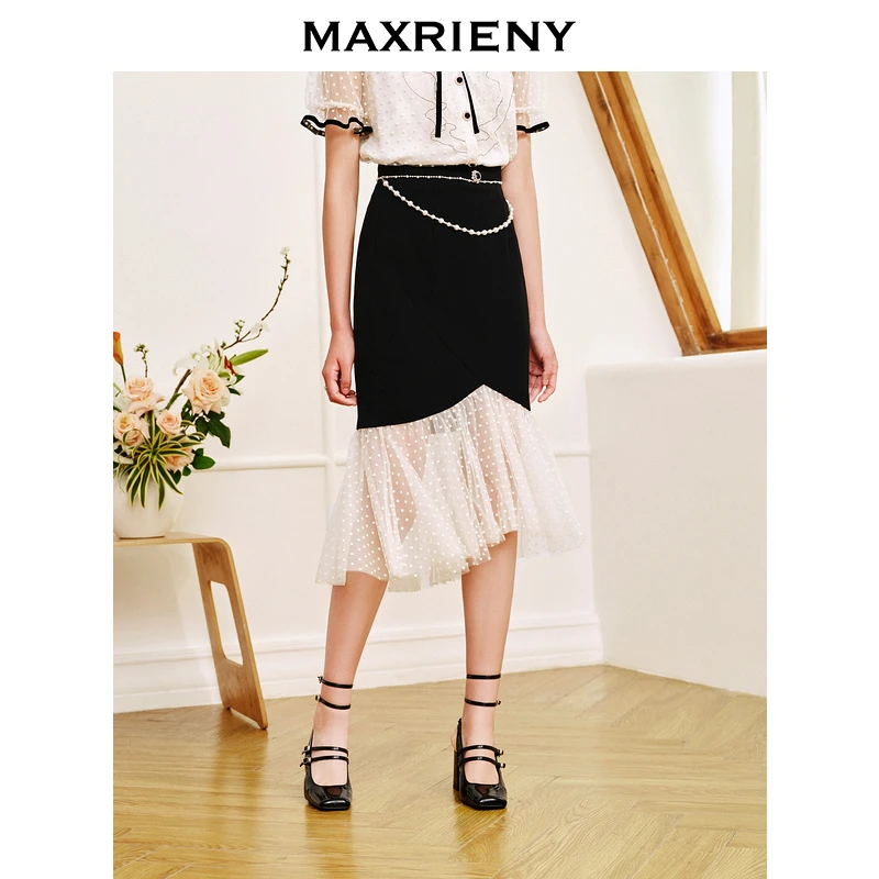 MAXRIENY法式浪漫风鱼尾裙撞色复古波点半身裙网纱拼接包臀裙女