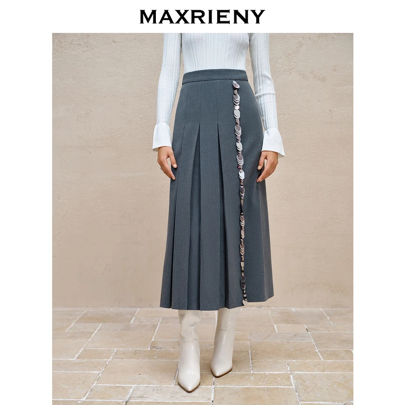 MAXRIENY精致复古感闪亮半裙烟灰色百褶裙
