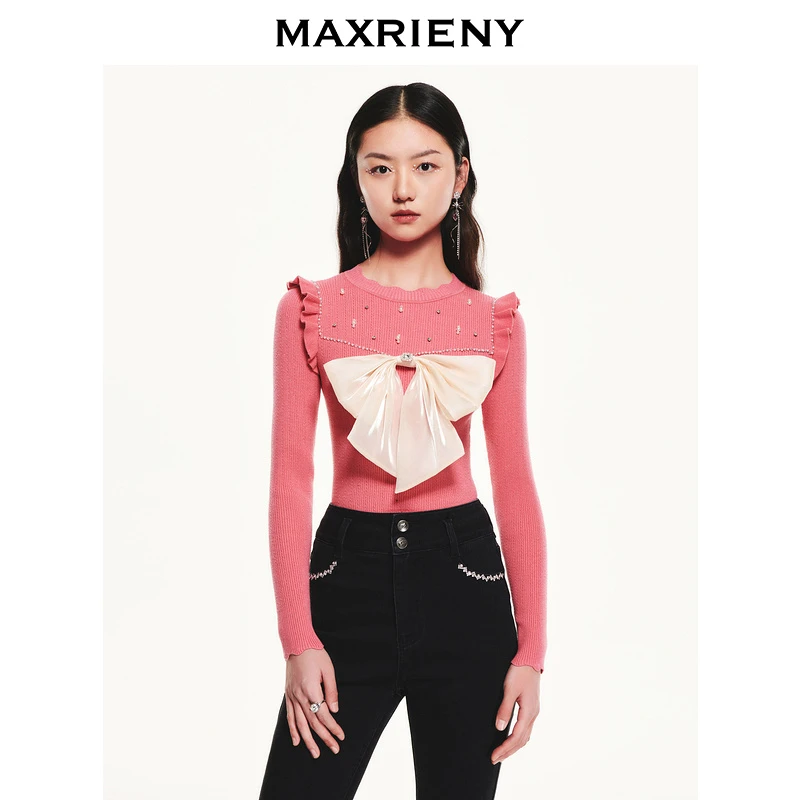 MAXRIENY西瓜红撞色蝴蝶结毛衫打底衫冬装新款上衣女毛针织衫