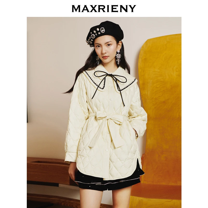 MAXRIENY米白复古鸭绒羽绒服高领中长款2022年女款冬季新款外套