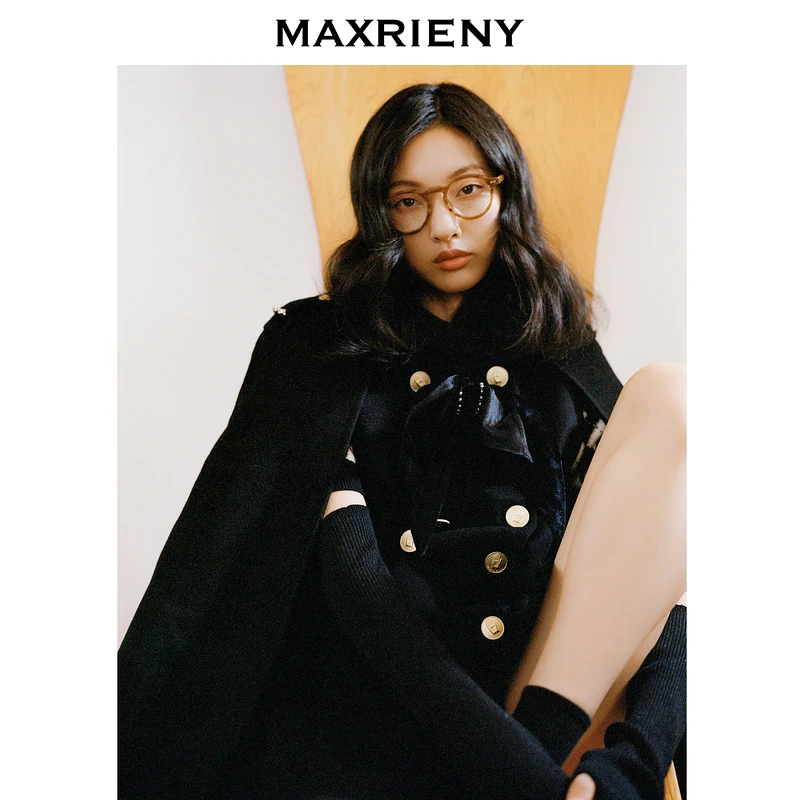 MAXRIENY双排扣A字廓形斗篷冬季新款女装复古钉钻丝绒外套
