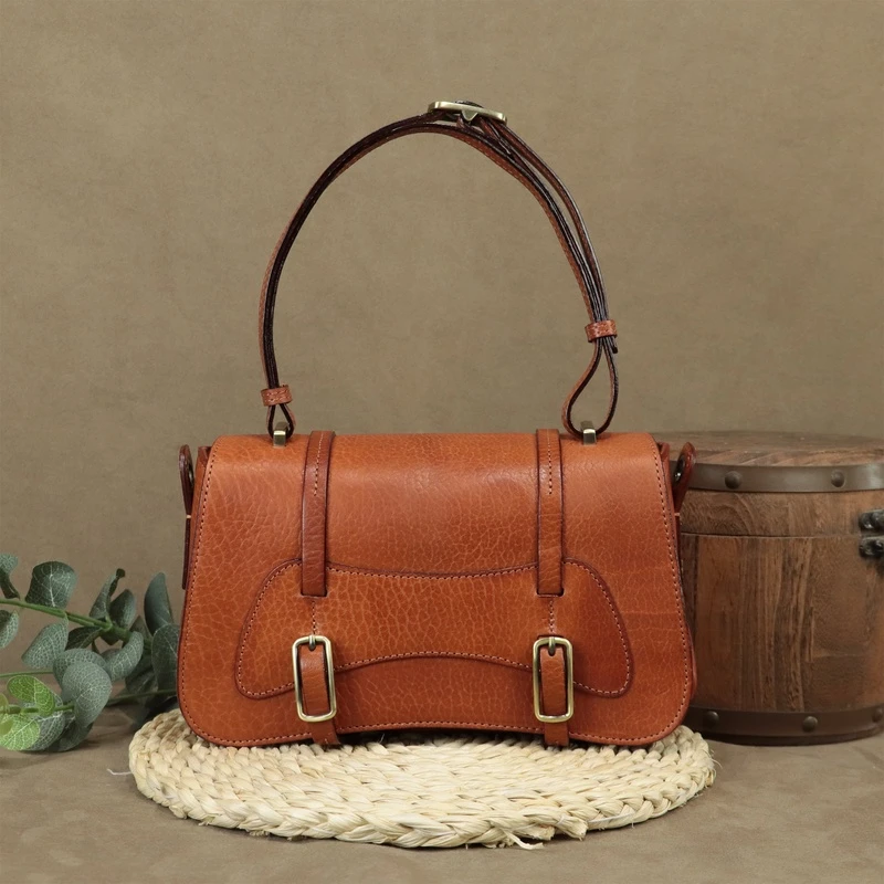 头层牛皮休闲复古女士单肩斜挎水洗法棍包包C2081#