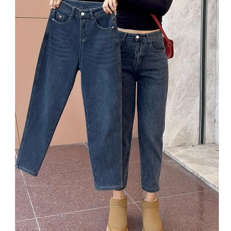 秋冬加绒大码哈伦牛仔裤裤子女宽松MM遮胯梨型身材弹力老爹薄款裤