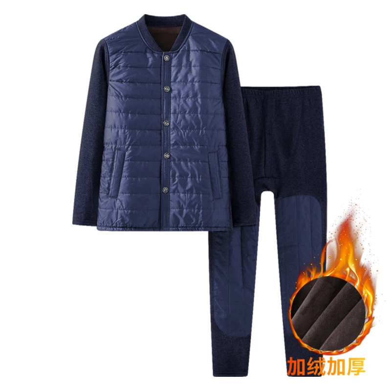 老人超厚开衫加绒加厚保暖内衣男中老年内穿开襟防寒套装爷爷冬装