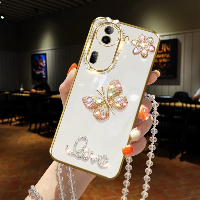 oppo reno11手机壳蝴蝶镶钻防摔女款保护套镜头全包直边网红时尚
