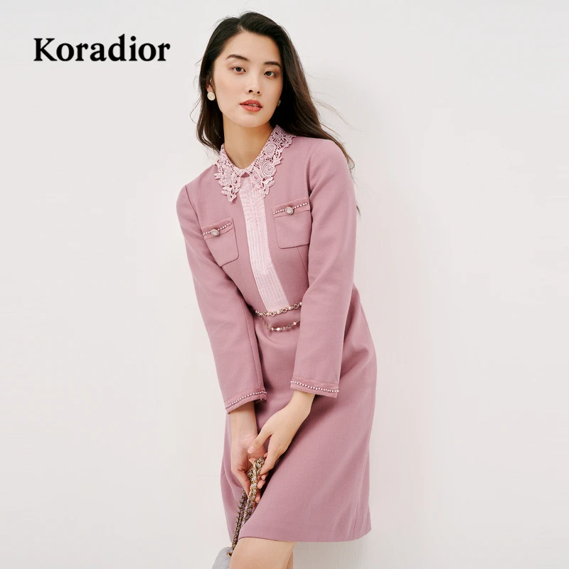 【珂莱蒂尔Koradior】气质绵羊毛女绣花领时尚粉色裙子KF05146