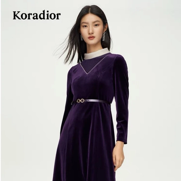 【珂莱蒂尔Koradior】秋季长袖丝绒立领中长款收腰优雅裙子KF04368