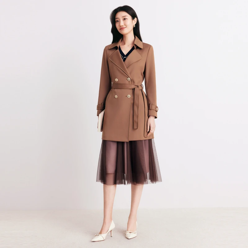 珂莱蒂尔新款中长款遮跨显瘦收腰风衣外套KJ00665C5