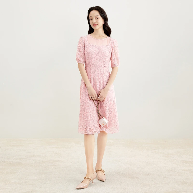 【珂莱蒂尔Koradior】新款提花粉色蕾丝法式气质优雅裙子KF09398