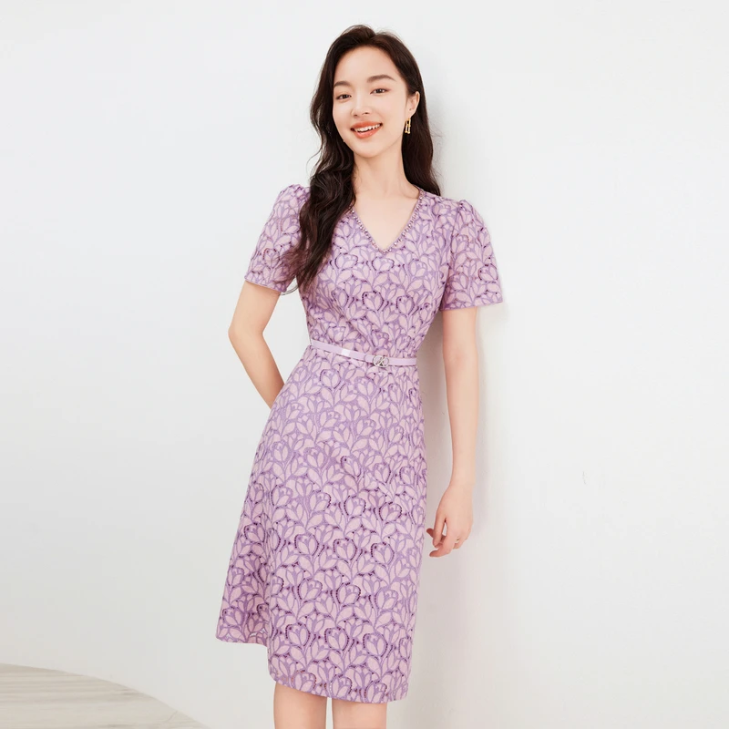 【珂莱蒂尔Koradior】订钻设计感收腰显瘦v领法式连衣裙KF10399