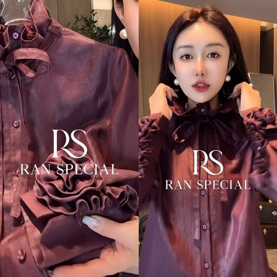 高级感荷叶边长袖纯色衬衫女欧洲站2025春秋新款洋气百搭宽松上衣