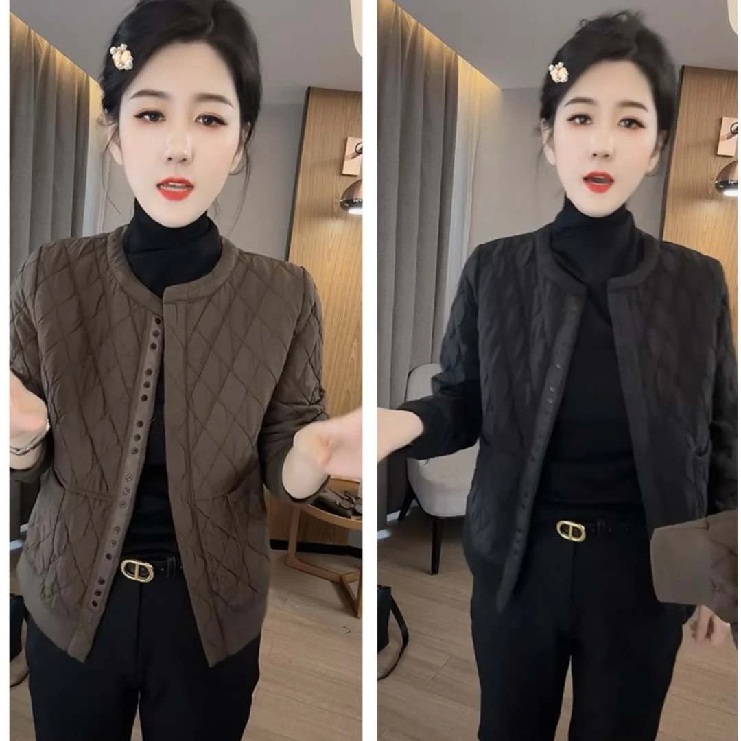 洋气百搭菱格纯色外套女欧洲站2024秋季新款时尚休闲遮肉圆领上衣