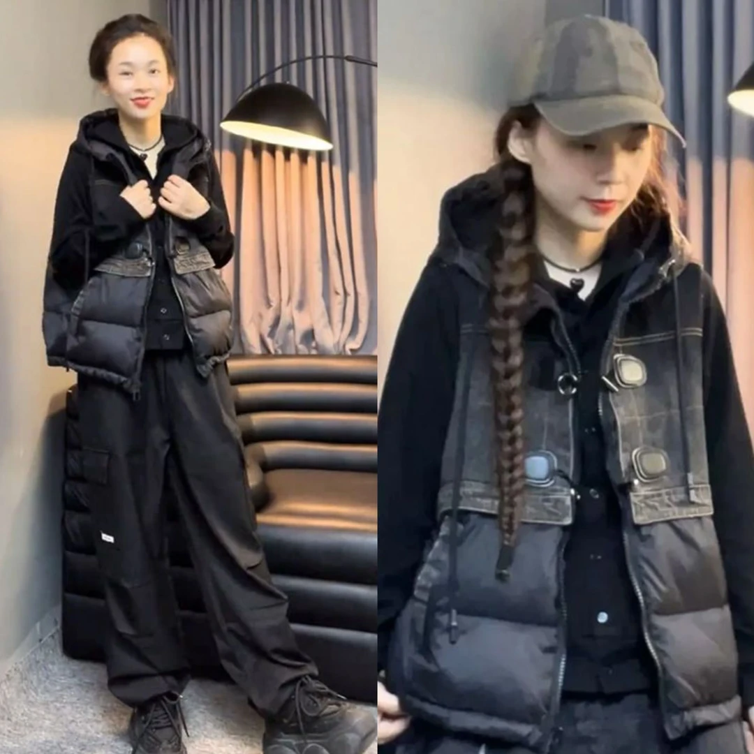 欧洲站2024冬装新款韩版百搭显瘦拼接连帽马甲女时尚拉链马夹