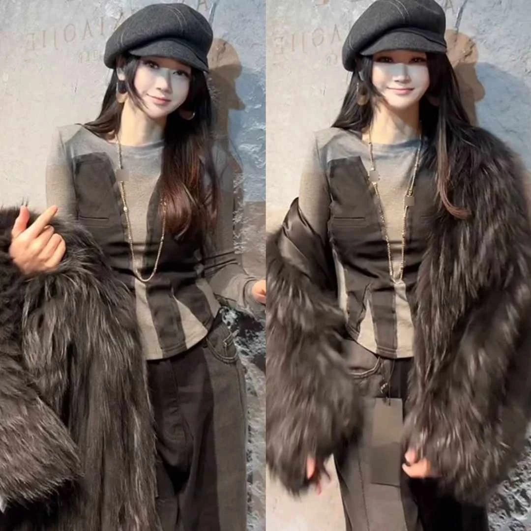 欧洲站2024秋季新款时尚设计别致减龄拼接长袖御姐风圆领打底衫女