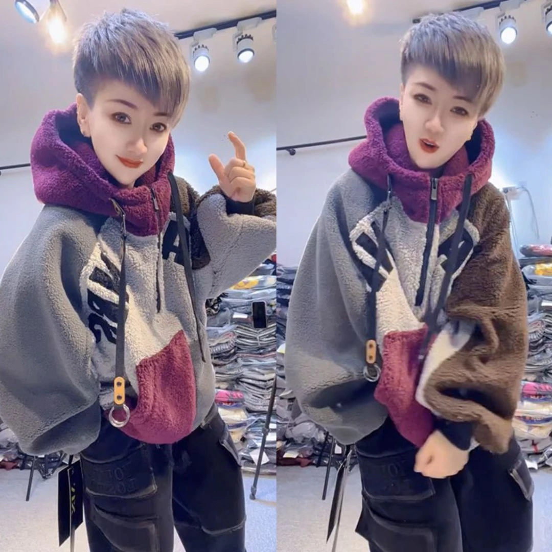 韩版百搭拼色羊羔毛连帽卫衣女欧洲站2024冬季新款休闲半拉链上衣