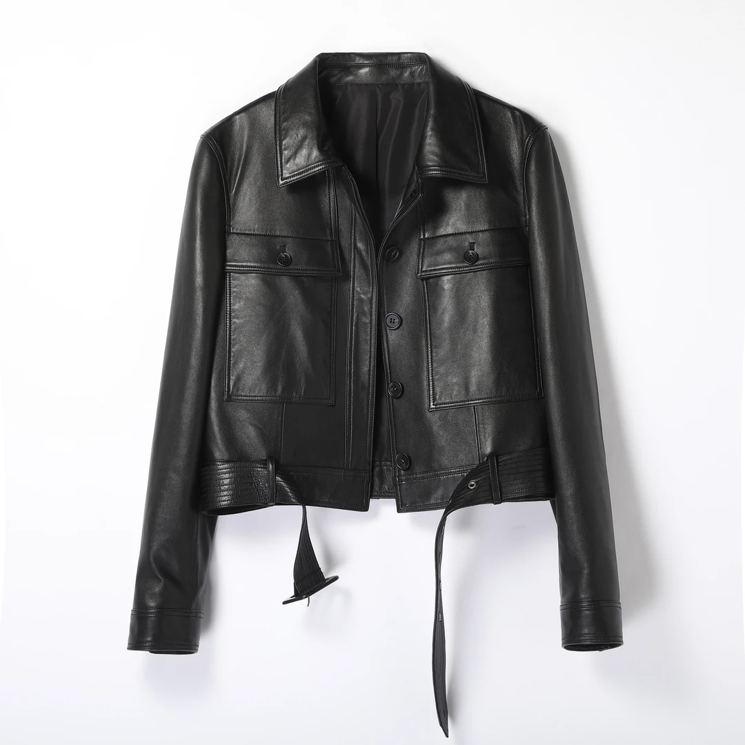 宽松短款皮衣外套百搭黑色春季修身设计师翻领绵羊皮皮夹克皮外套