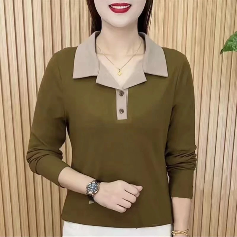 爆款2024女士秋季女装新款百搭长袖T恤显瘦气质减龄翻领上衣打底