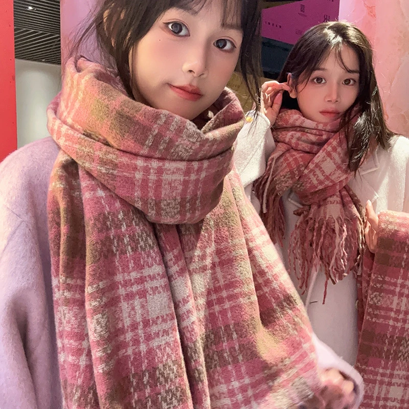 干枯玫瑰粉围巾女高级粉色格子韩版淑女百搭时尚保暖加厚围脖学生