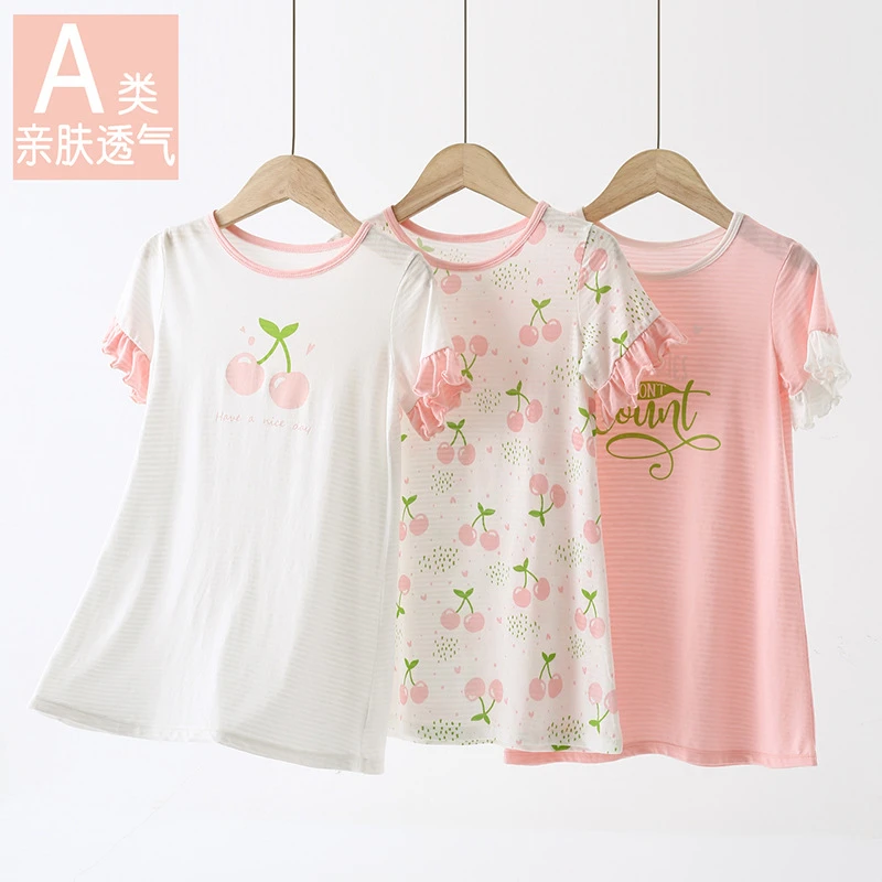 女童睡裙夏季薄款竹节棉睡衣中长款公主裙短袖家居服空调服