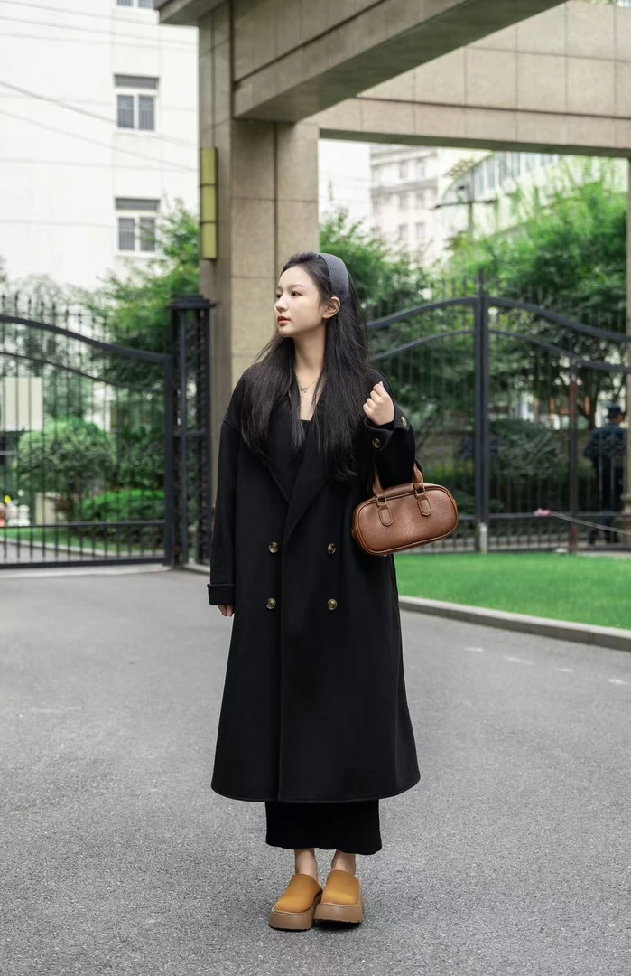 2024秋冬新款双面绒大衣女中长款慵懒极简宽松加厚毛呢外套