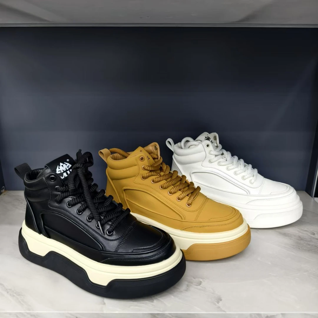 【35-25单棉同款】真皮高帮棉鞋潮流百搭牛皮透气增高厚底板鞋冬季