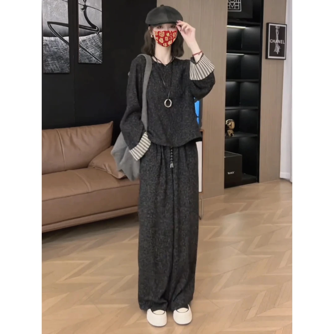 【早秋穿搭】韩系套装女2024新款时尚休闲条纹拼接衬衫阔腿裤两件套