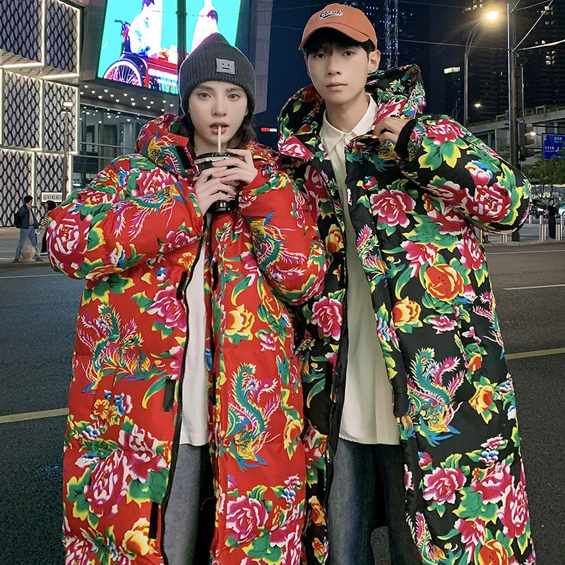 长款棉衣外套东北大花袄中国风男女宽松保暖防寒连帽棉袄情侣网红