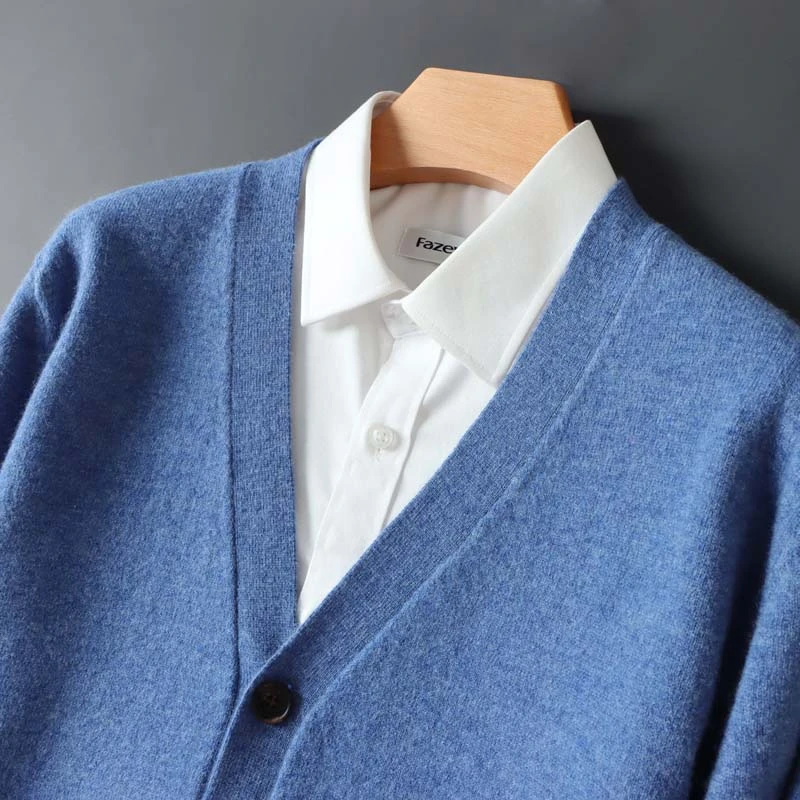 秋冬新款男士100纯羊毛开衫宽松V领纯色毛衣外套休闲商务针织上衣