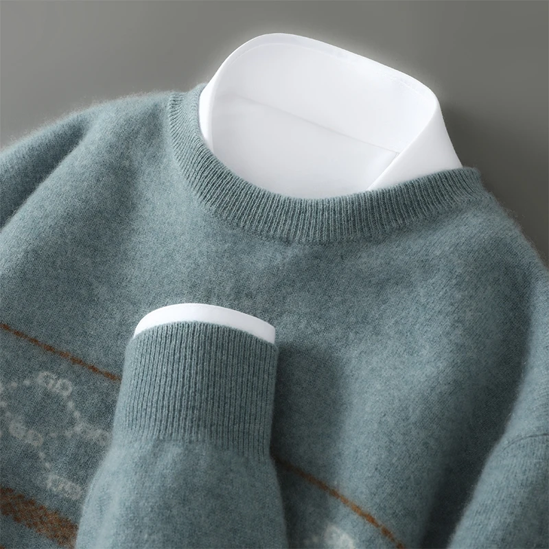 男士加厚纯羊毛衫秋冬新款宽松圆领拼色套头毛衣休闲商务针织打底