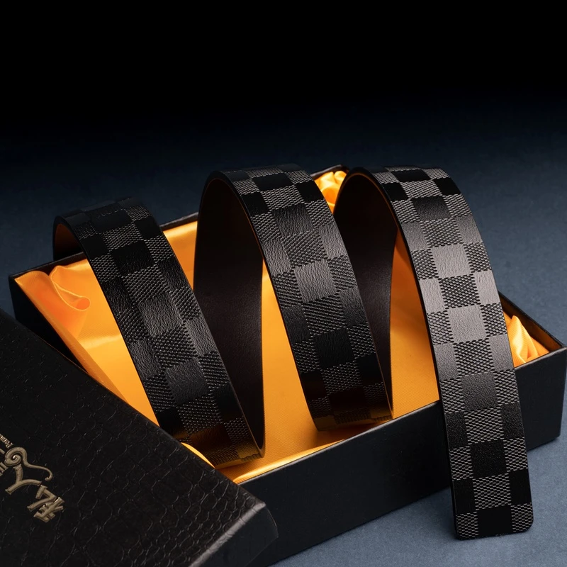 自动扣3.5牛皮轻奢时尚经典爆款男士腰带格子黑色格纹真皮通用