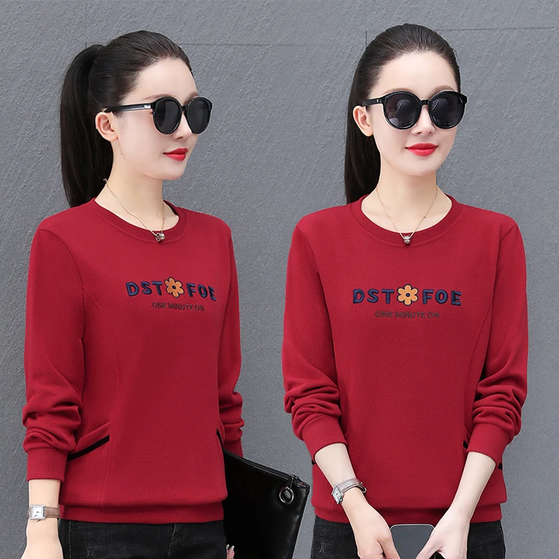 休闲运动卫衣套头衫女士长袖春秋冬加绒新款绣花洋气圆领打底T恤