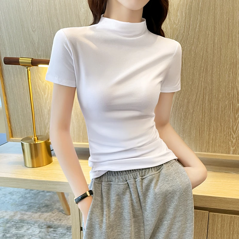 白色半高领短袖t恤女2022年春夏新款纯棉紧身半袖显瘦百搭上衣潮