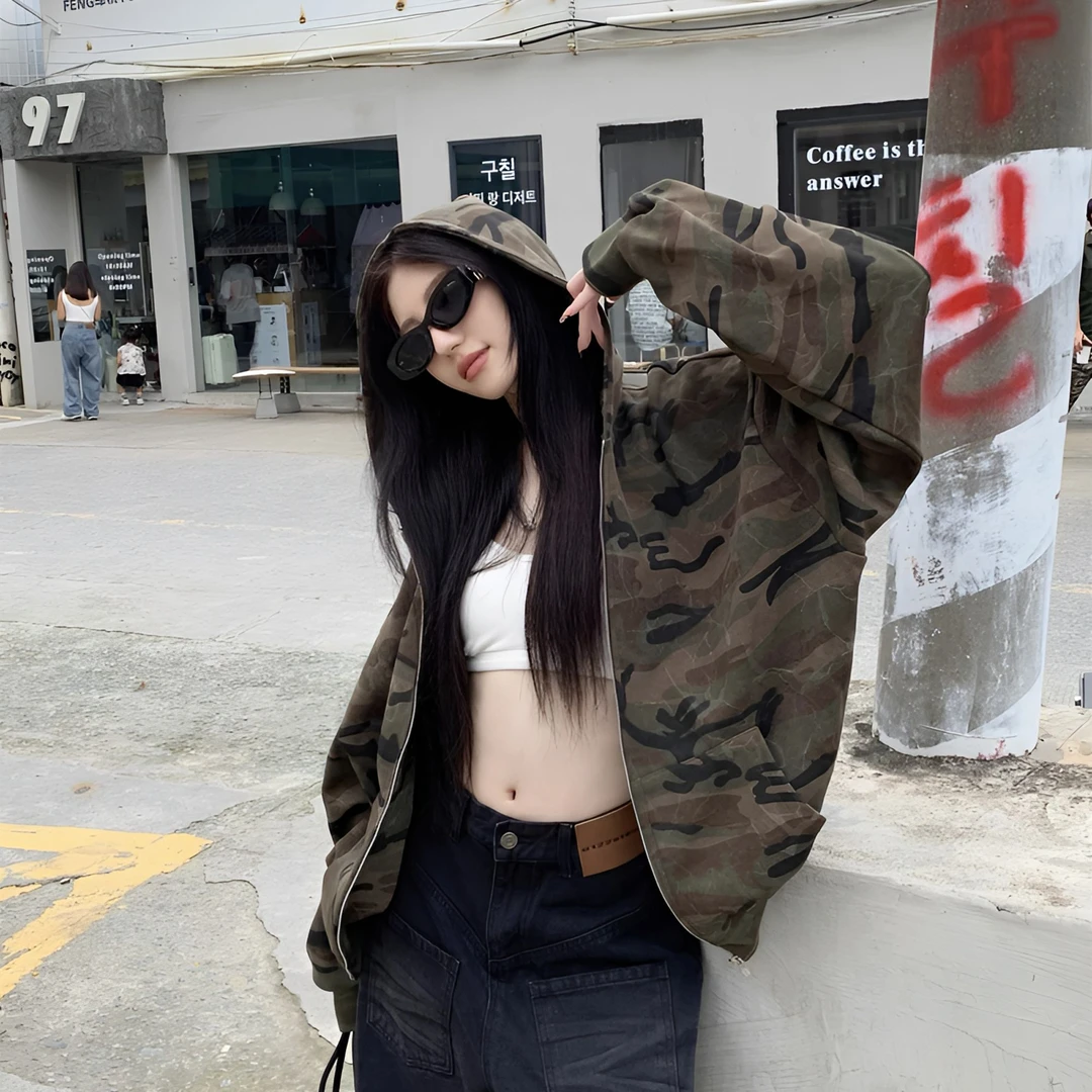 A1MP2024美式复古迷彩连帽卫衣开衫男女款宽松休闲高街设计感外套