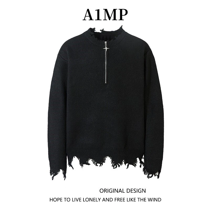 A1MP美式男女款百搭街头设计感套头破坏半拉链毛衣宽松秋季针织衫