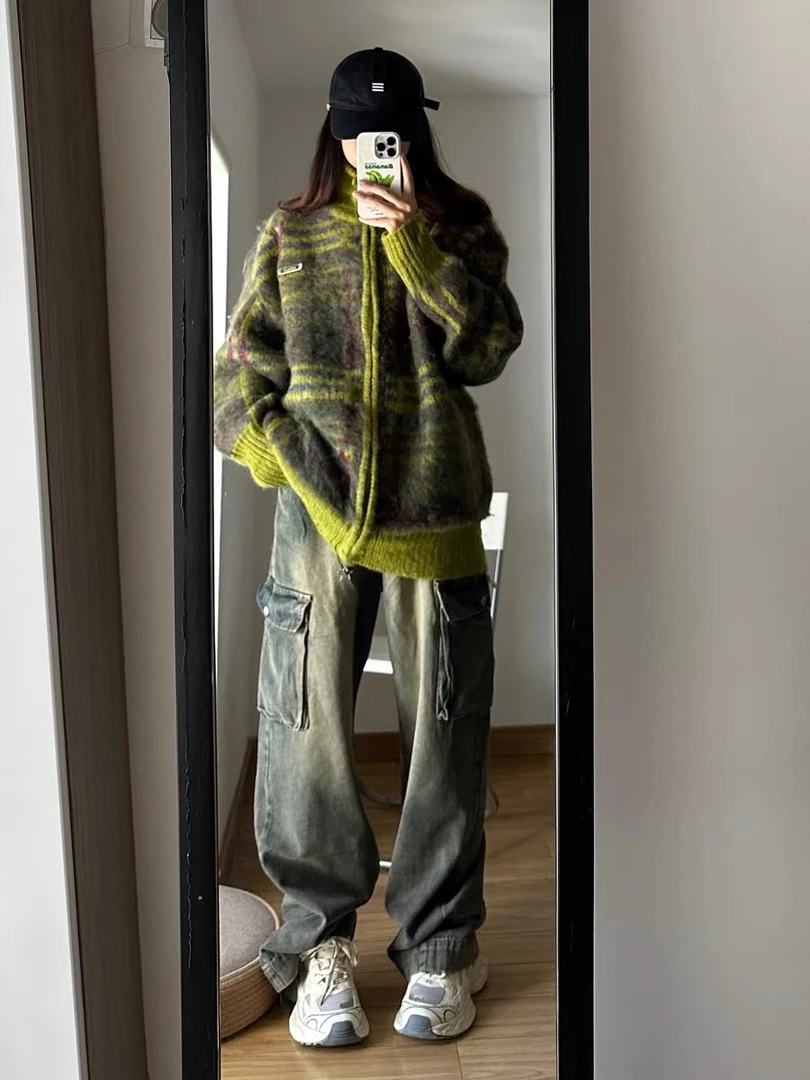 A1MP美式复古撞色高级感毛衣针织衫男女宽松情侣显白秋冬季外套