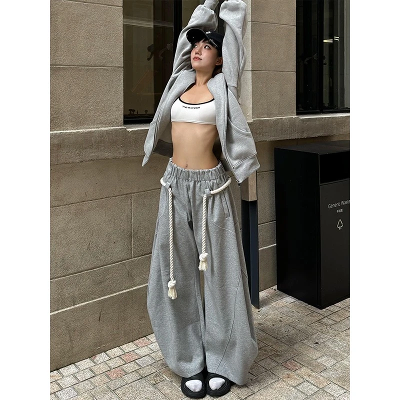 A1MP高级感美式休闲裤男女款宽松灰色弯刀裤设计感小众垂感阔腿裤