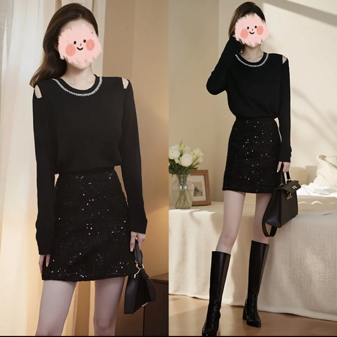 设计感气质秋季套装女2024新款露肩针织毛衣高腰亮片半身裙两件套