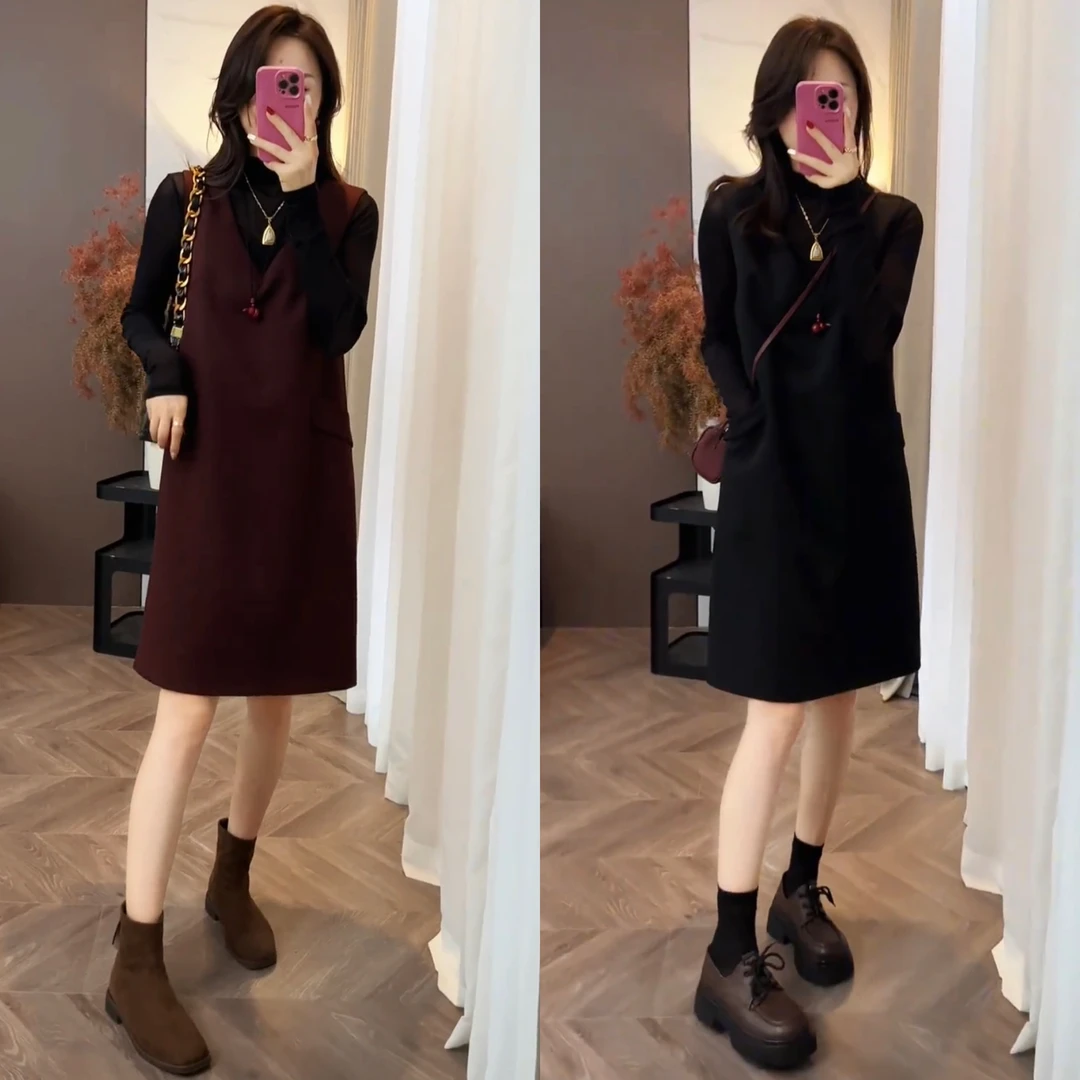 2024早秋时尚百搭无袖女装连衣裙+小半高龄网纱长袖打底衫套装