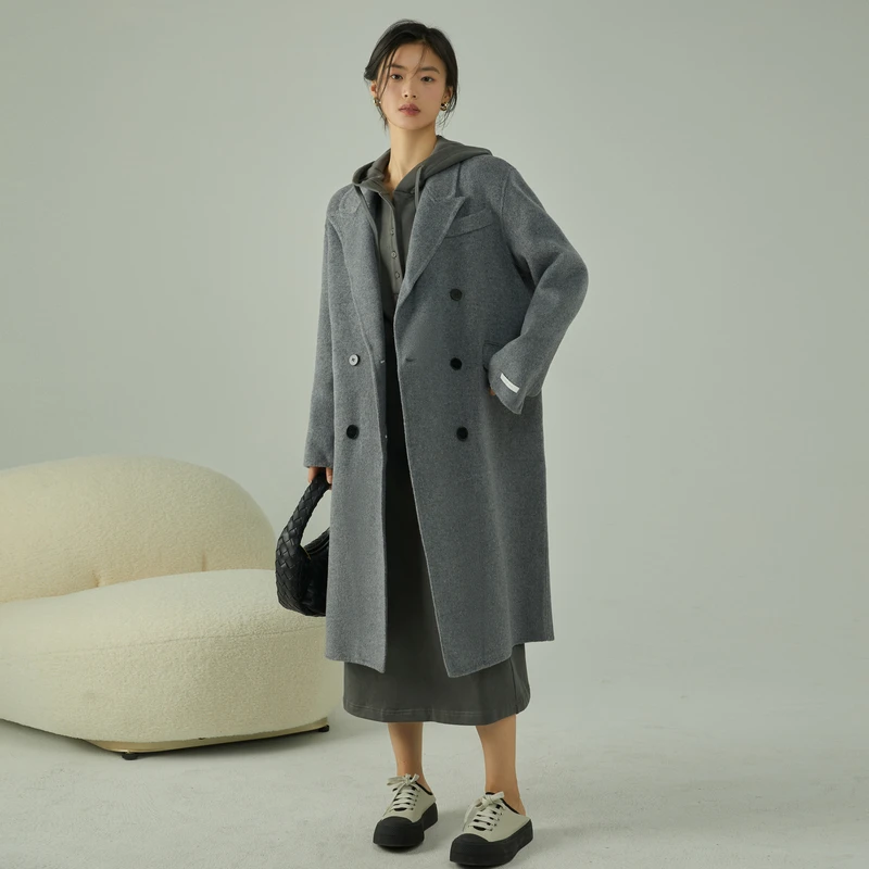 欧海一生秋冬季双面呢大衣中长款毛呢羊毛排扣设计外套女翻领3707