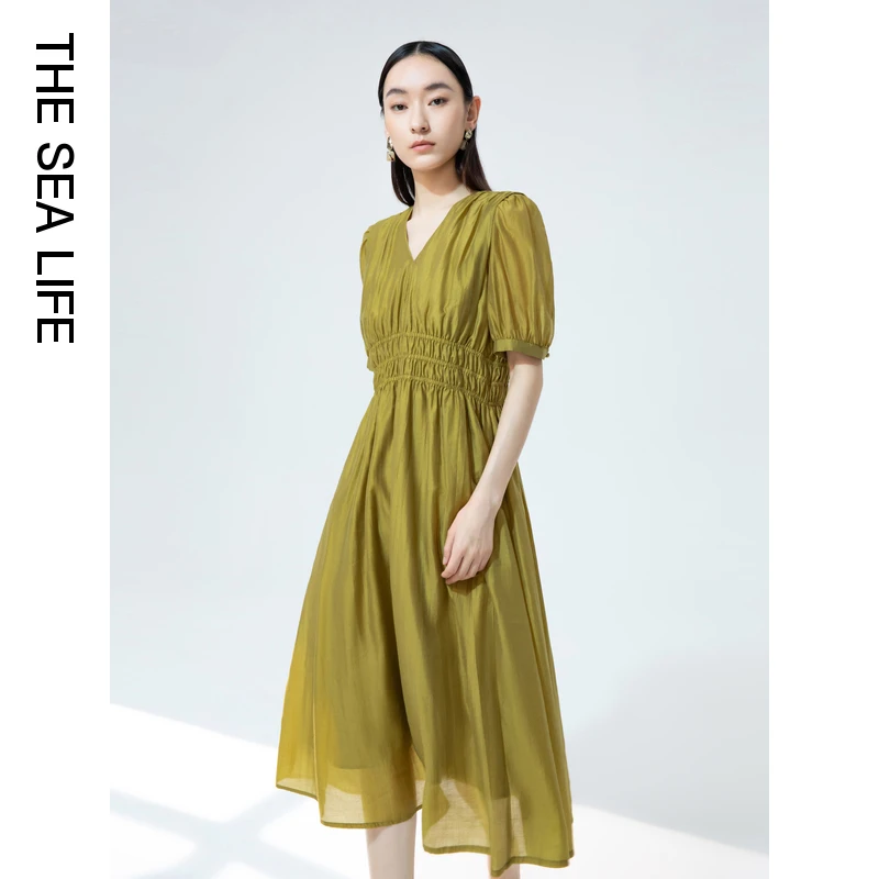 THESEALIFE欧海一生 V领收腰连衣裙春夏泡泡袖高级显瘦11313