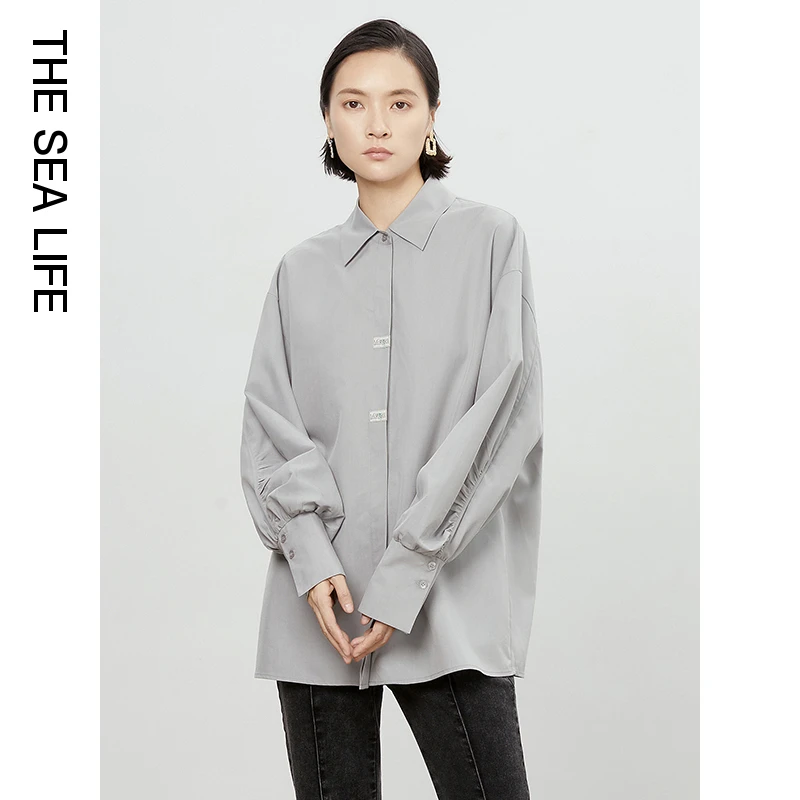 THESEALIFE欧海一生 POLO领莱赛尔衬衫女秋夏休闲上衣QD2302