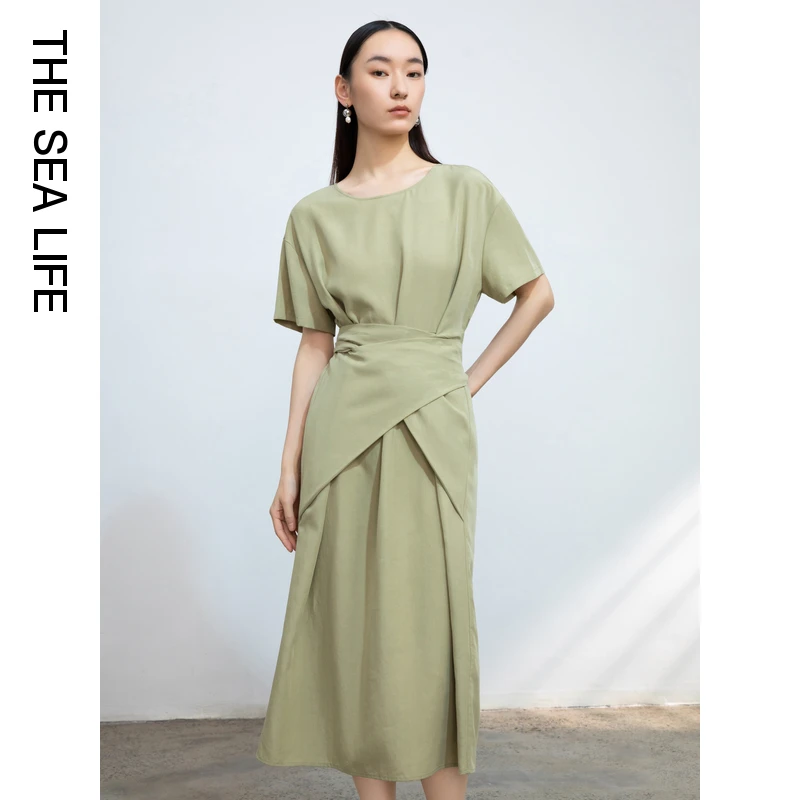 THESEALIFE欧海一生 春季复古连衣裙女绑带收腰长裙11111